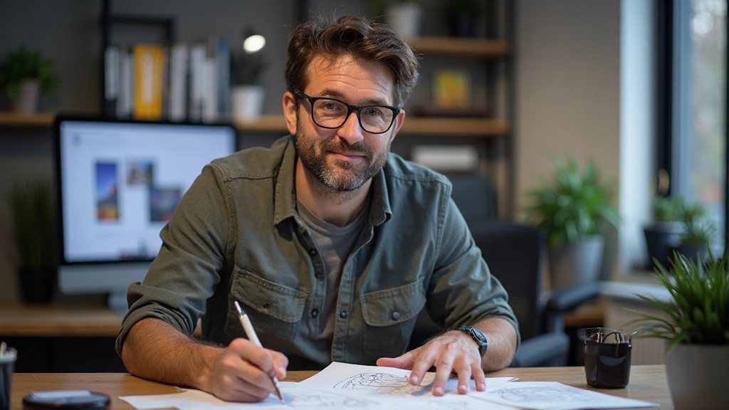 Designer werkt aan mobile-first strategie met schetsboek en mockups op bureau