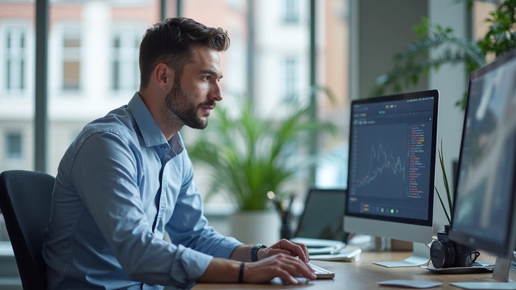 Professionele foto van realistische man van 32 jaar, volledig gekleed in zakelijk overhemd, zittend aan bureau met twee monitoren, analyseren van formulier data en grafieken, aandachtige blik, modern kantoor met grote ramen, natuurlijke verlichting, onscherpe achtergrond, GEEN tekst, GEEN watermerken