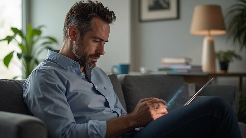 Professionele foto van realistische man van 40 jaar, volledig gekleed in smart casual, zittend op bank met tablet, scrollend door formulier, gefocusseerde blik, modern thuiskantoor, zachte verlichting, onscherpe achtergrond, GEEN tekst, GEEN watermerken