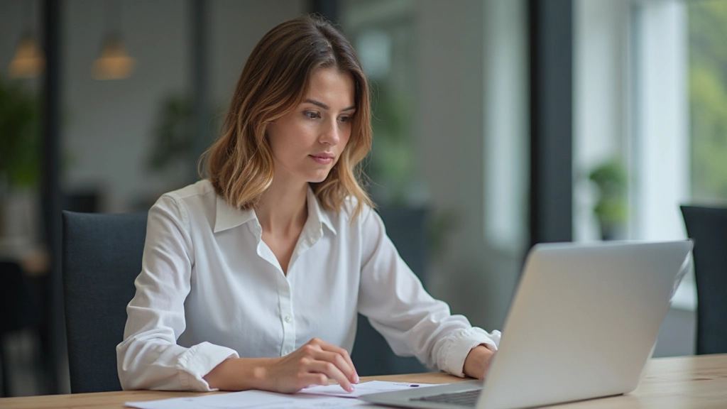 Professionele foto van realistische vrouw van 35 jaar, volledig gekleed in zakelijke blouse, zittend aan bureau met laptop en formulier, concentreren op scherm, modern kantoor, natuurlijke verlichting, onscherpe achtergrond, GEEN tekst, GEEN watermerken